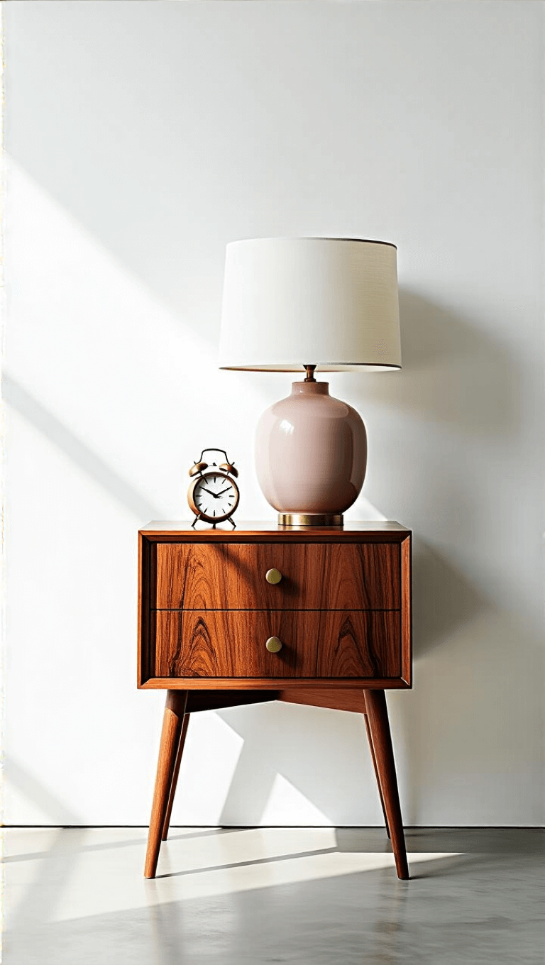 Overhead shot of minimalist 14x16ft bedroom with white walls, concrete floors, rosewood bedside table, oversized ceramic lamp, and brass clock in a bright, gallery-like setting.