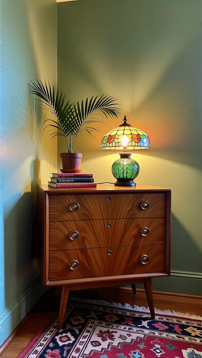 Vintage 1950s nightstand with art glass lamp, books and indoor palm in a 12x14ft bedroom with sage green walls at dusk, viewed from a side angle.