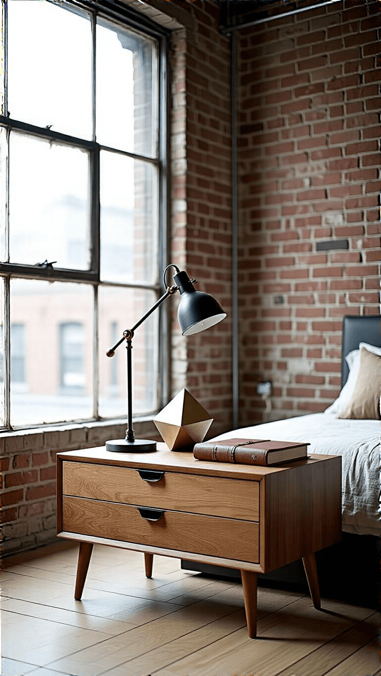 Danish modern bedside table with architect's task lamp, leather
</p>
<div class=