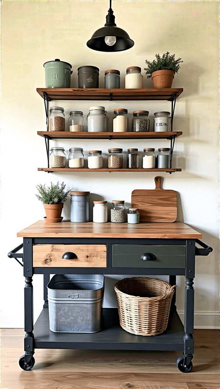 Freestanding kitchen cart showcasing a mix of DIY and vintage holders under natural overhead light, viewed from a slight elevation.