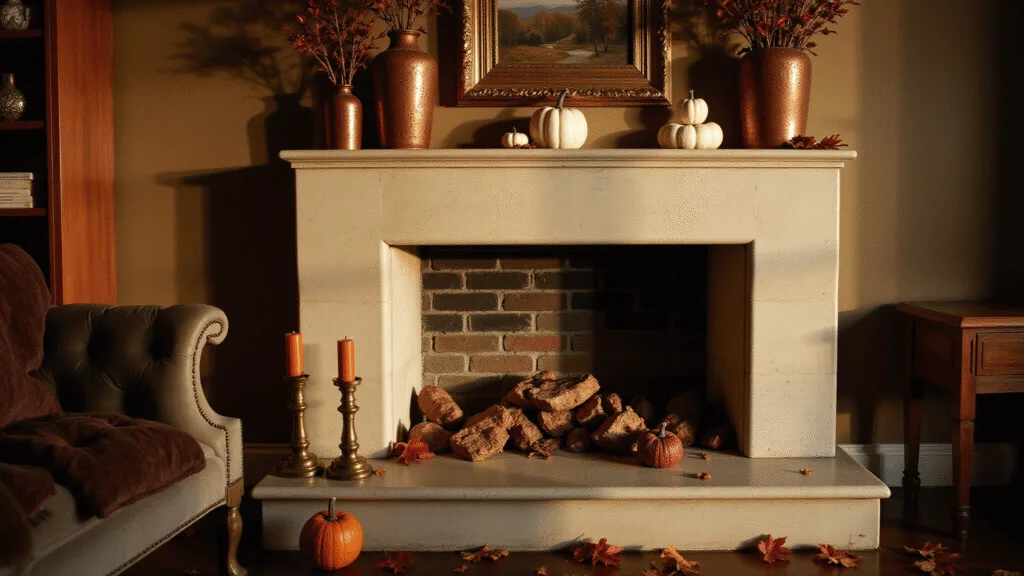"Elegant living room with limestone fireplace decorated with white pumpkins, burgundy maple branches in copper vases, and brass candlesticks in cozy autumn lighting"
