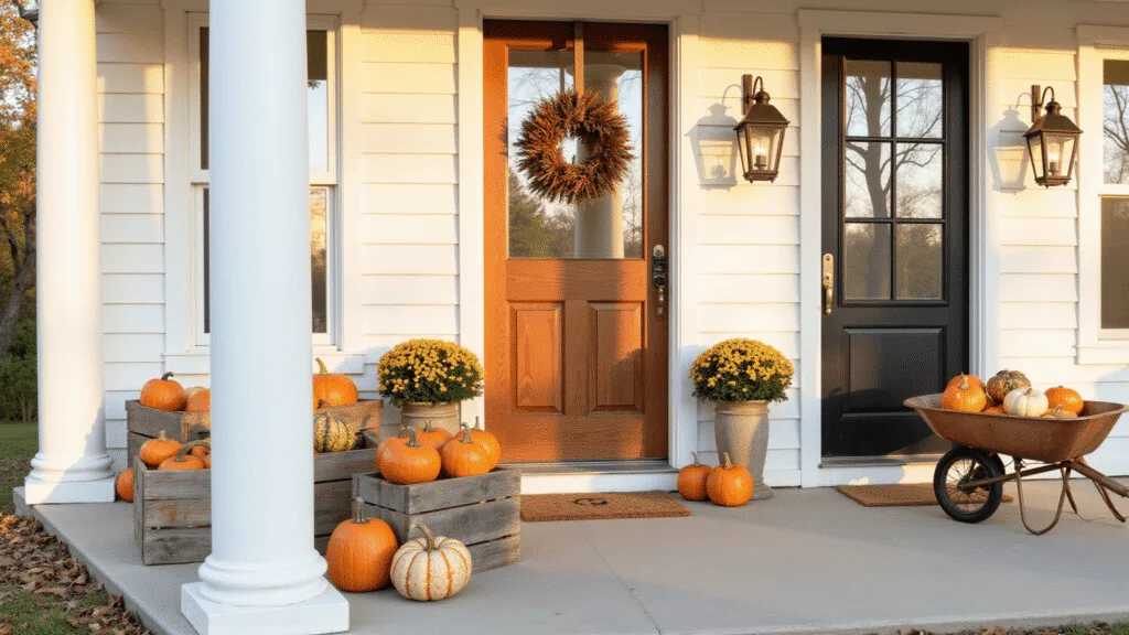 "Vintage porch adorned with heirloom pumpkins in wooden crates and a copper wheelbarrow filled with gourds in soft, warm-yellow afternoon lighting"