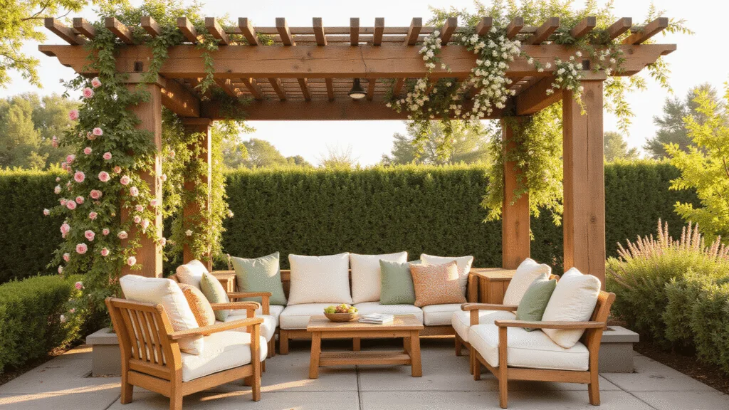 "Sunlit cedar pergola with climbing roses and jasmine, teak furniture with cream and terracotta pillows during golden hour"