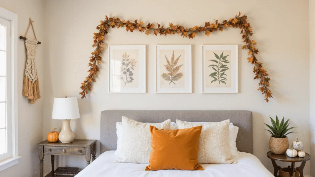 "Cozy autumn bedroom with warm tones, vintage botanical prints on gallery wall, macrame hanging, pumpkin garland on a neutral wall, and dried leaves illuminated by golden hour lighting."