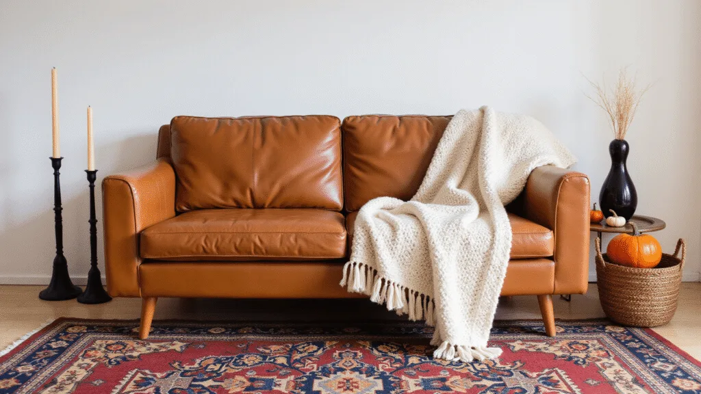 "Cozy vintage living room with autumn decor, featuring a cognac leather sofa, chunky knit throws, Persian rug, black candlesticks, copper vases, pumpkins, woven baskets, and warm golden light."