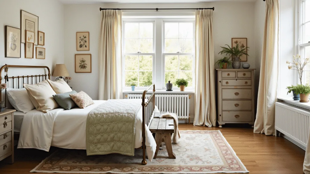 "Sunlit cottage bedroom with brass-framed bed, vintage botanical prints, an oak dresser, potted ferns on windowsills, linen curtains and antique brass accents"