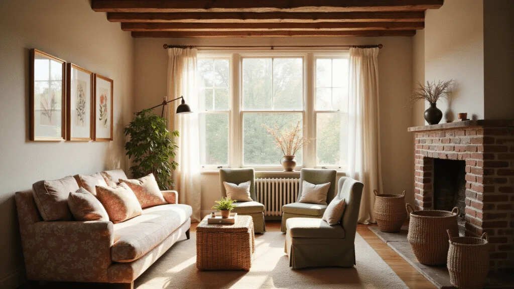 "Cozy cottagecore living room with exposed wooden beams, vintage floral sofa, sage green chairs, brick fireplace, and dried wildflowers in golden hour sunlight"
