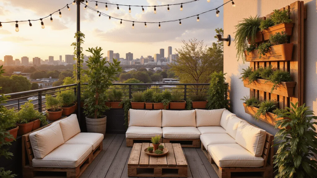 "Cozy urban balcony with wooden seating, vertical herb gardens, fairy lights and city skyline at sunset."