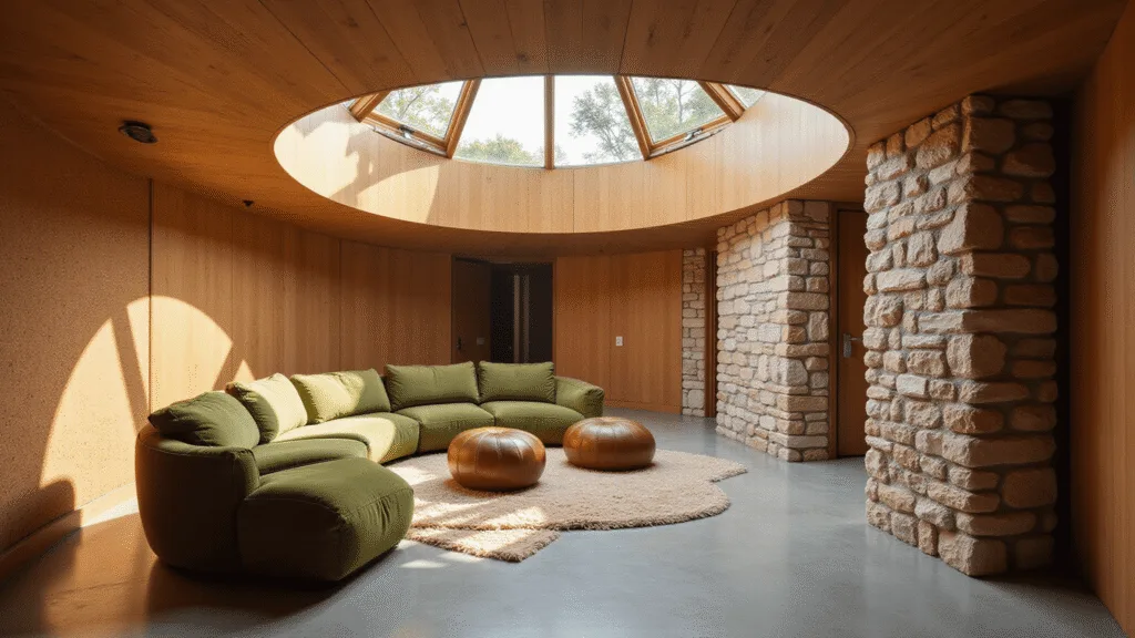 "Interior of a mushroom dome house with curved oak walls, moss green sofa, concrete flooring, and natural stone accents illuminated by sunlight from a central skylight."