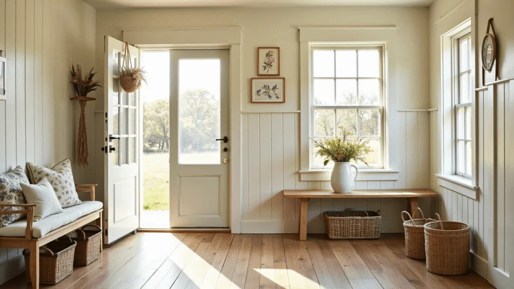 "Vintage cottage entryway with sunlight shining through a Dutch door, cream shiplap walls, oak floor, pine bench with floral cushions, botanical prints, and macramé plant hangers with a rustic charm."