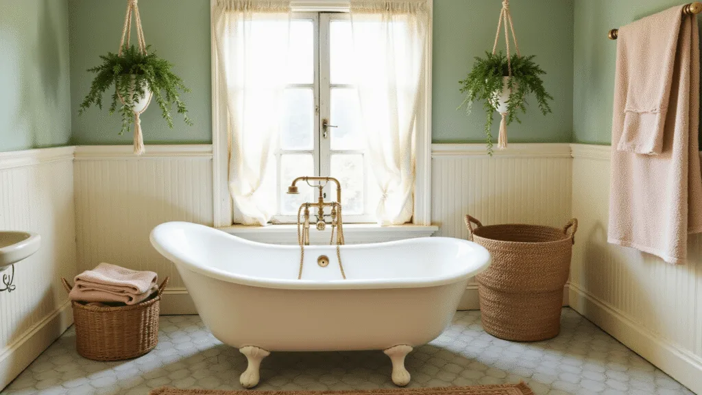 "Sunlit vintage bathroom with clawfoot tub, hanging plants, and rustic decor"