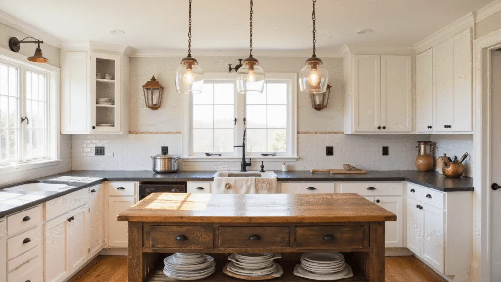 "Sunlit farmhouse kitchen with mason jar pendant lights, vintage sconces, white cabinets, and copper accents"