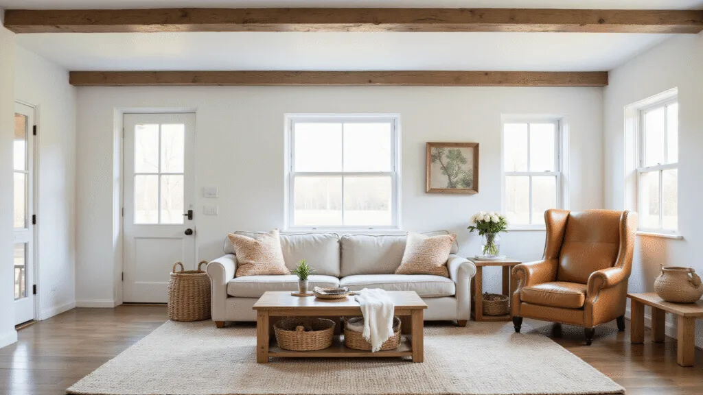 "Sunlit interior of a farmhouse featuring white walls, reclaimed wood beams, a linen sofa, vintage leather chair, woven baskets and natural textures bathed in warm golden light"