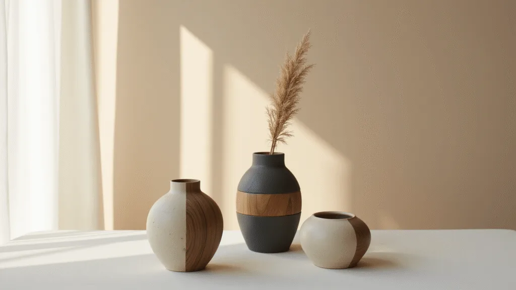 "Three Japandi handcrafted ceramic and wood vases in natural light"