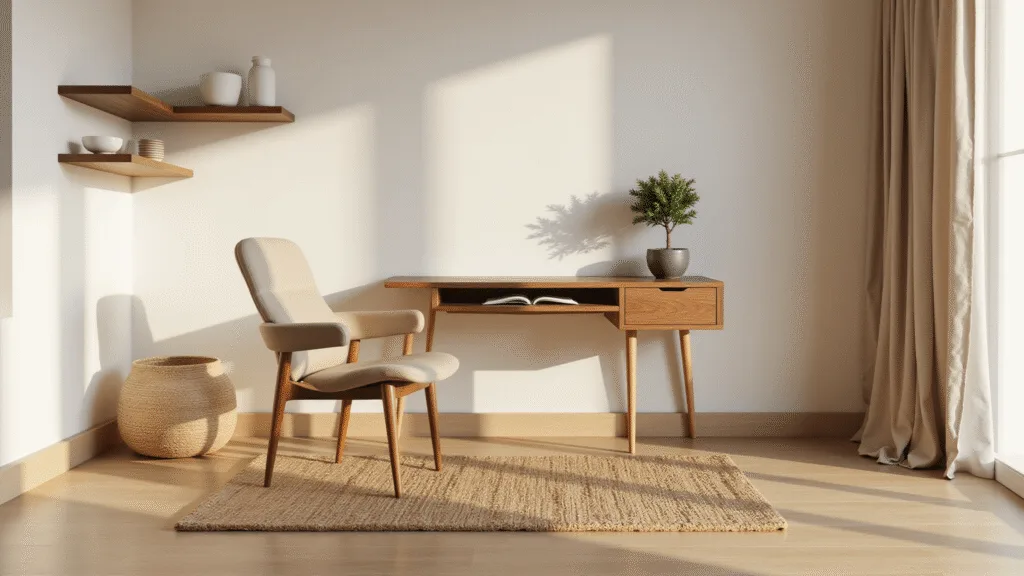 "Minimalist Japandi home office with walnut desk, beige chair, floating shelves, bonsai tree, and cream jute rug illuminated by natural morning light."