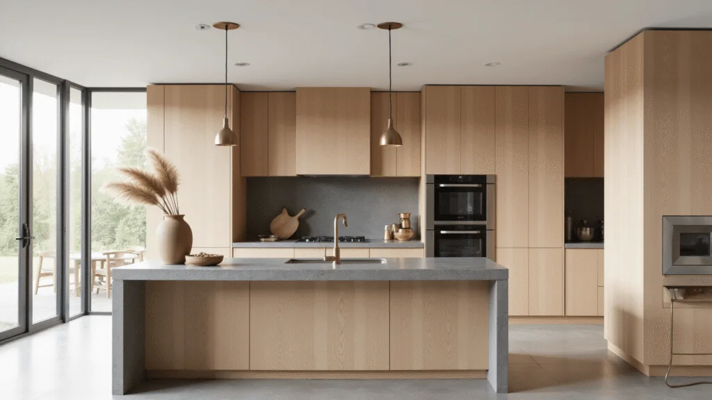 "Modern minimalist kitchen with oak cabinets, stone countertops, and natural light from floor-to-ceiling windows"