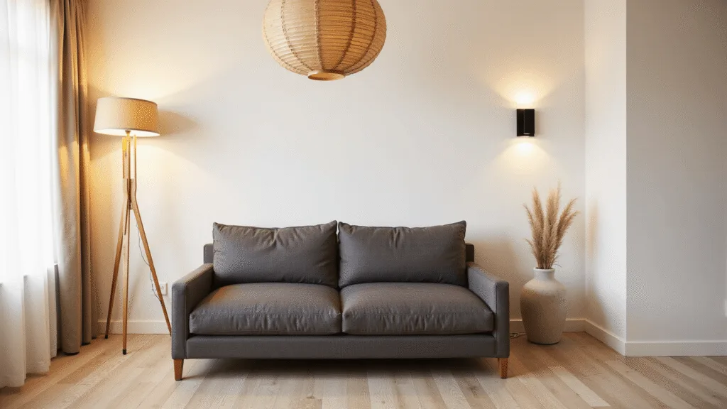 "Minimalist living room with Japanese and Scandinavian design elements, featuring a paper lantern pendant, bamboo floor lamp, black wall sconces, oak floors, and a linen sofa"