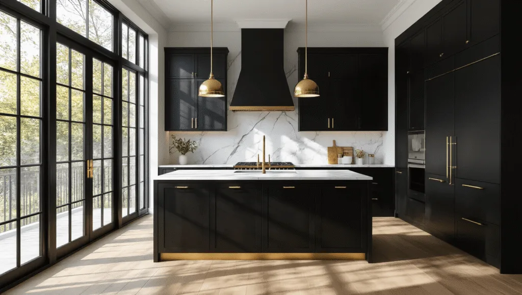 "Luxurious modern black kitchen with matte cabinets, marble countertops, brass hardware, oak flooring, and floor-to-ceiling morning light"