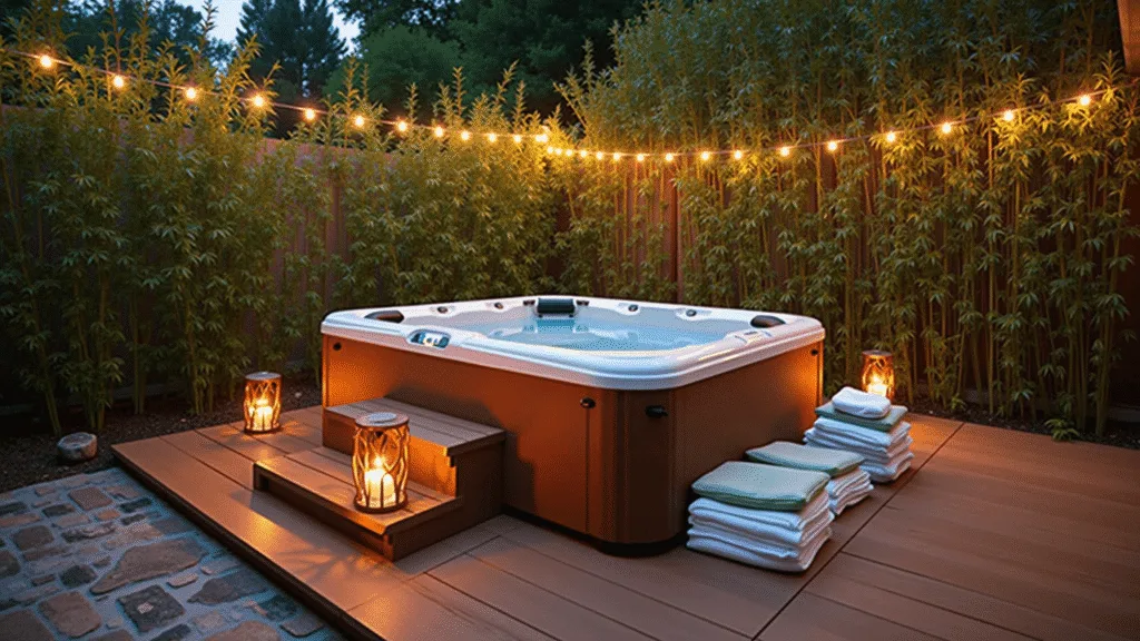 "Twilight scene of a luxurious backyard hot tub on an IPE wood deck, surrounded by bamboo plants and illuminated by warm string lights and copper lanterns"