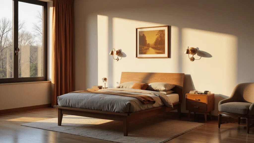 "Mid-century modern bedroom with walnut platform bed, brass accents, and warm sunlight filtering through large windows"