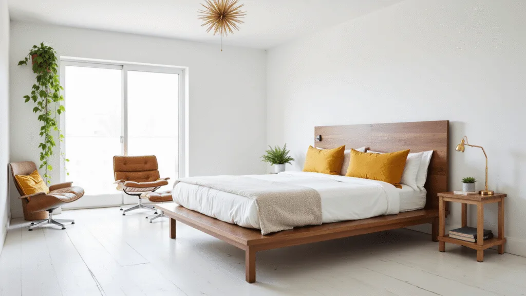 "Mid-century modern bedroom with walnut platform bed, Eames lounge chair, and Sputnik chandelier, decorated with minimalist and organic elements"