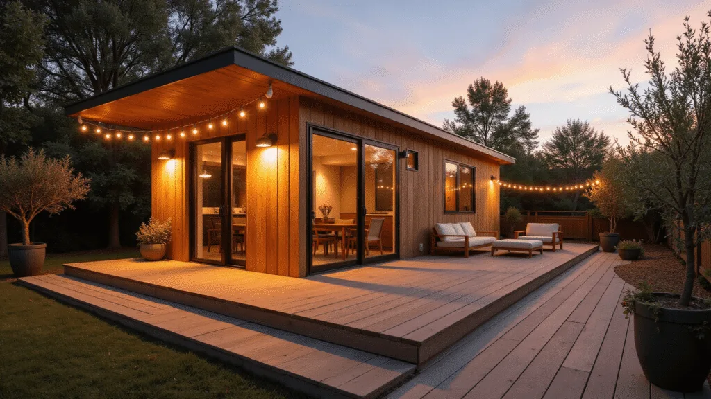 "Modern backyard guest house with wooden siding and floor-to-ceiling windows, bathed in warm sunset light, surrounded by mature landscape and string lights"