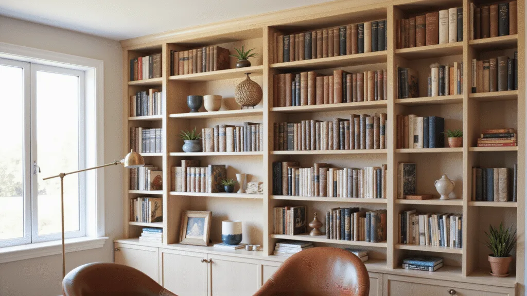 "Modern home library with floor-to-ceiling bookshelves, comfortable leather reading chair and warm, natural lighting"
