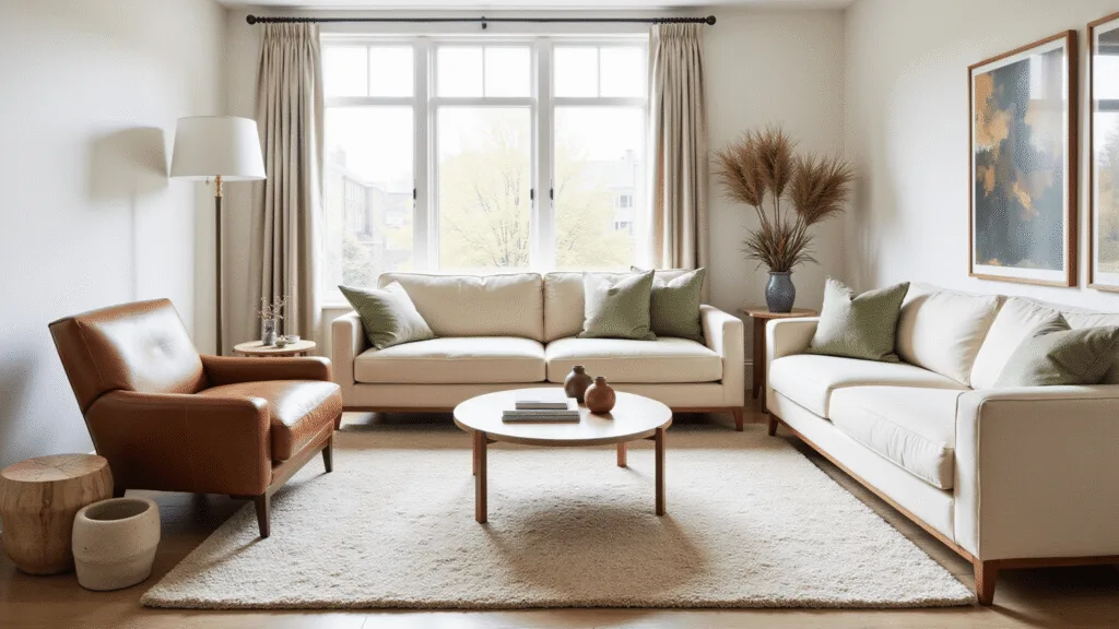 "Modern, sunlit living room with cream bouclé sofa, cognac leather chair, sage pillows, ceramic vessels, and sophisticated autumn palette."