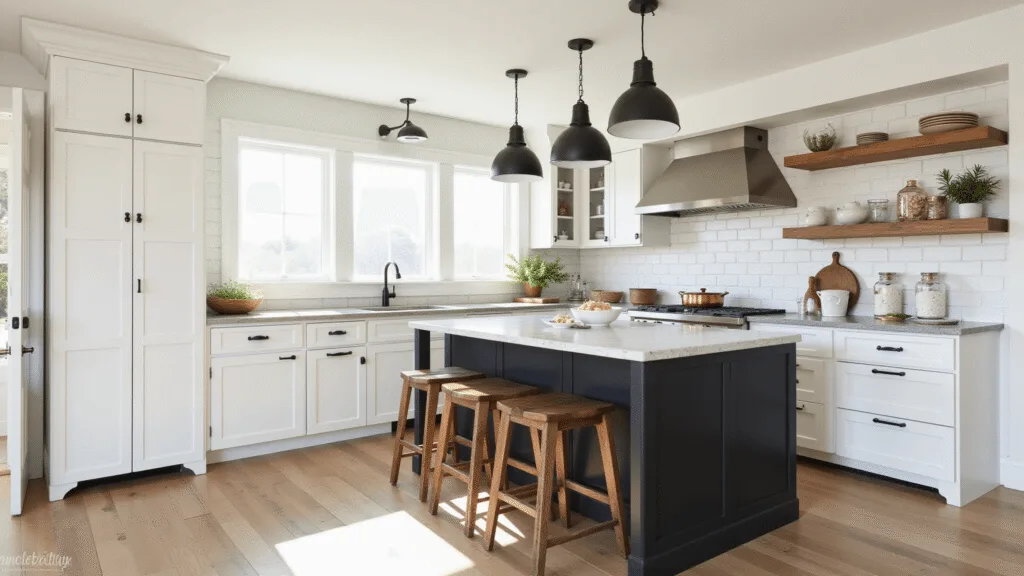 "Modern farmhouse kitchen with white shaker cabinets, black island with marble top, copper cookware, wooden shelves with ceramics and herbs, under black pendant lights and sunlight from windows"