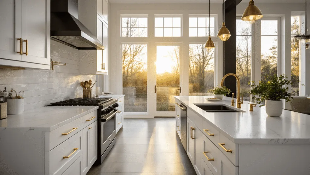 "Modern kitchen with white cabinets, black stainless steel appliances, and quartz countertops basked in golden hour sunlight"