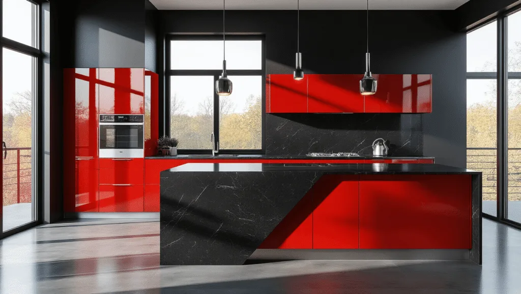 "Modern kitchen with glossy red cabinets, matte black walls, polished quartz island, stainless steel appliances and metallic accents"