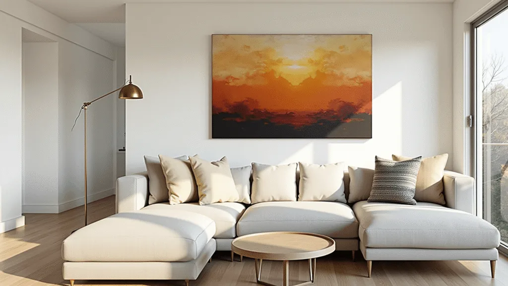 "Modern living room with oversized abstract canvas above a linen sectional sofa, bathed in natural light and warm tones"
