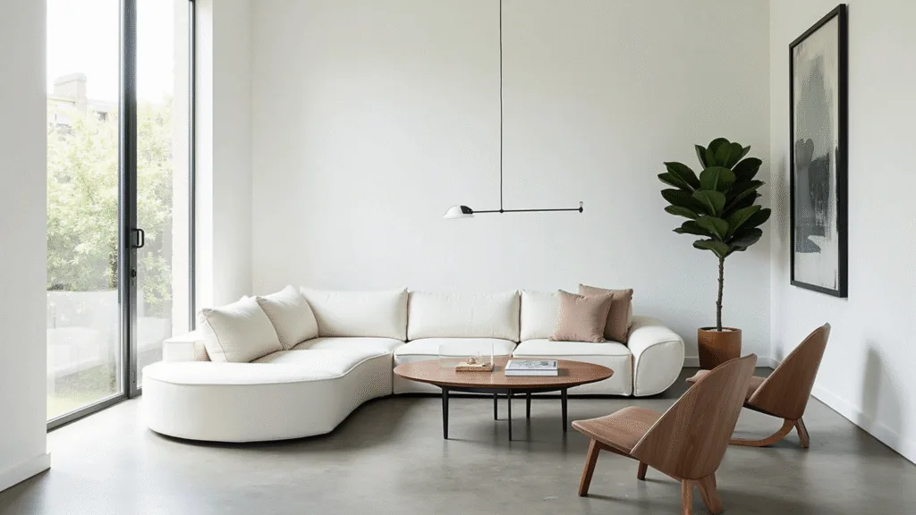 "Modern minimalist living room with cream sofa, concrete floors, large windows, walnut coffee table, and mature fiddle leaf fig plant."