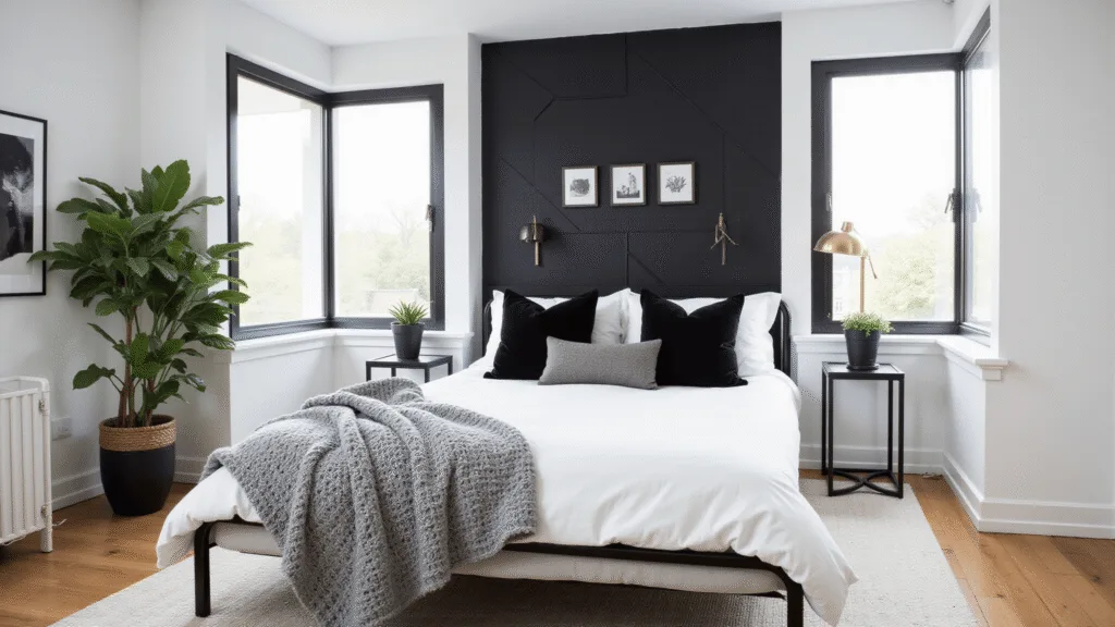 "Black and white modern bedroom interior with a metal bed, velvet pillows, gray knit throw, brass table lamp, snake plant, and geometric accent wall, adorned with monochrome photography"