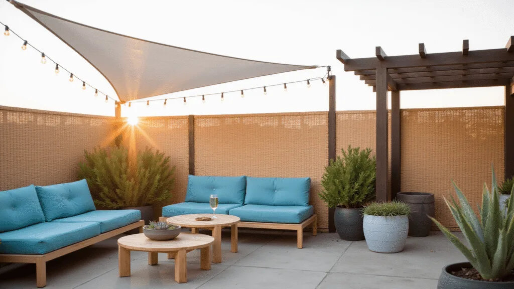 "Modern patio with various cover options, decorated with lounge furniture and potted plants in golden sunset light"