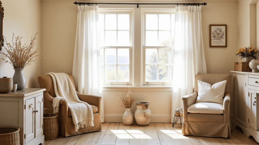 "Sunlit farmhouse interior with cream walls, wooden furniture, dried flowers, linen textiles and rustic accents"