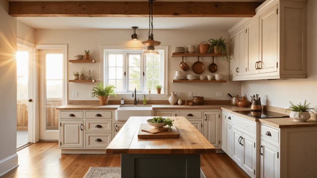 "Rustic farmhouse kitchen with antique white cabinets, natural wood island, copper cookware, and fresh herbs in sunlight"