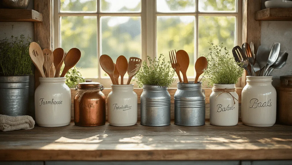 "Rustic kitchen scene with utensil holders, including ceramic crocks, metal buckets, and mason jars on a wooden counter with sunlit natural lighting"
