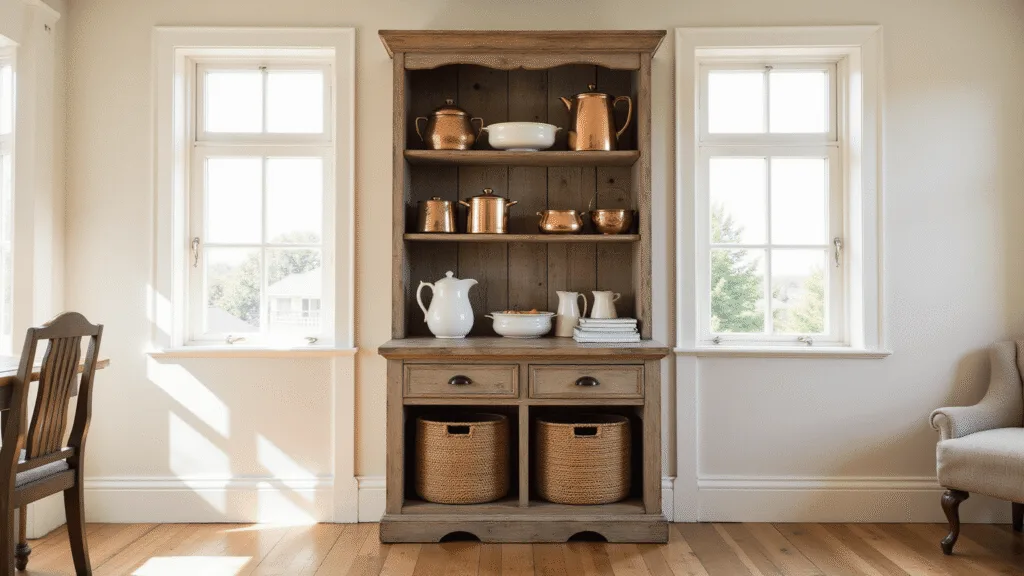 "Rustic farmhouse kitchen hutch with vintage copper pots, white ironstone pitchers, and woven baskets under warm natural sunlight"