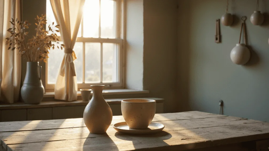 "Rustic pottery studio with ceramic vessels on a wooden workbench, illuminated by the golden hour sunlight"