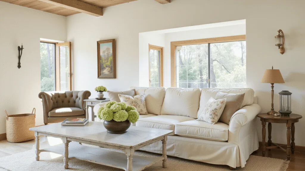 "Sunlit cottage interior with whitewashed walls, exposed beams, cream sofa, vintage decor, fresh hydrangeas on a distressed coffee table, illuminated by warm natural light."