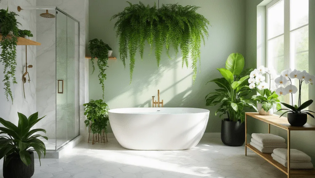 "Modern bathroom oasis with greenery featuring a Boston Fern and Pothos over a white tub, Monstera Deliciosa in a corner, Peace Lilies, and white orchids on a brass étagère, illuminated by soft morning light"