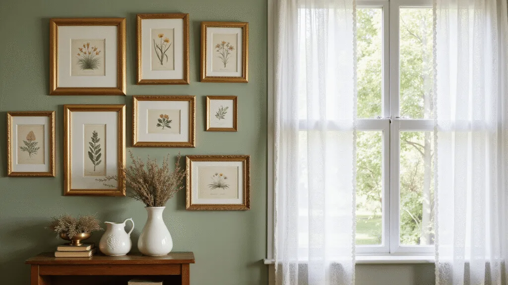 "Cottagecore wall gallery with vintage botanical prints in gold frames on a sage green wall, illuminated by sunlight through lace curtains"