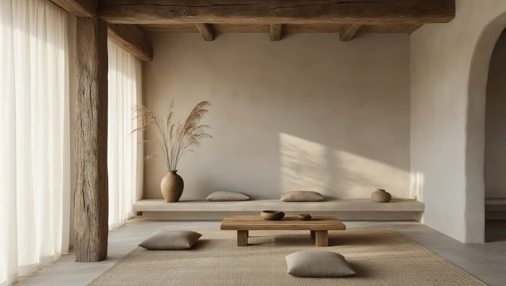 "Serene wabi-sabi style living room with handcrafted details, stone surfaces, and natural light filtering through sheer curtains."