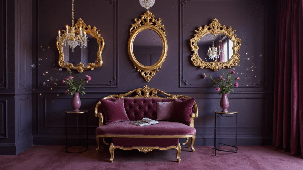 "Gothic inspired interior with dark purple walls, vintage chandelier, velvet settee, gold mirrors, fairy lights, crystal balls, dried roses, celestial decals during twilight"