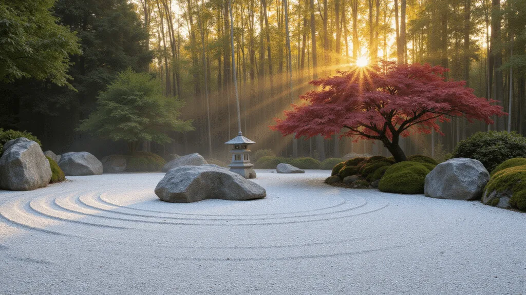 "Serene Japanese Zen garden at dawn with raked gravel, granite boulders, a Japanese maple tree, bamboo grove, and a stone lantern amidst morning mist"