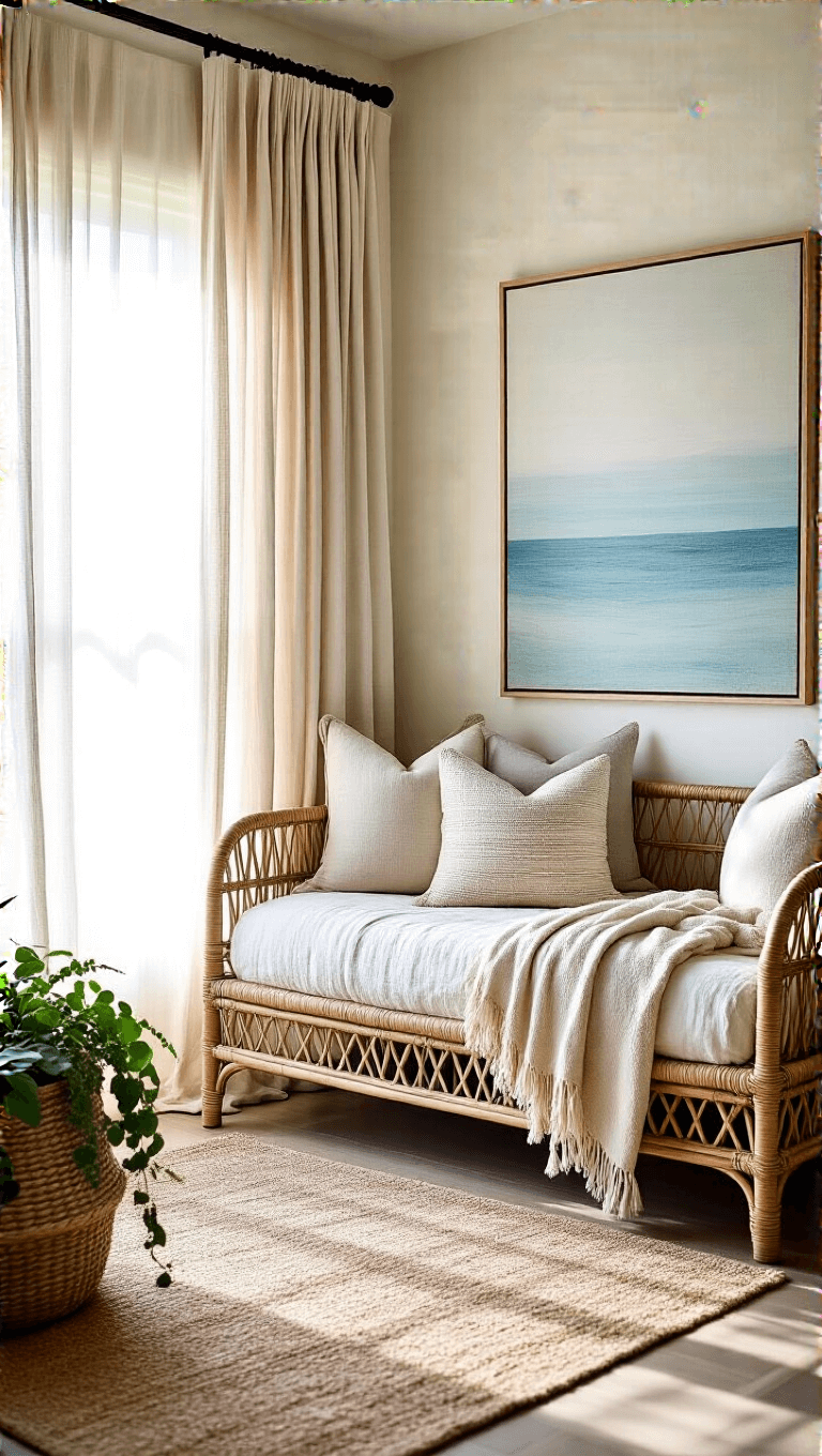 Coastal bedroom corner with floor-length linen curtains, rattan daybed with neutral pillows and throws, oversized ocean-inspired art piece, and handwoven basket planters with trailing vines.