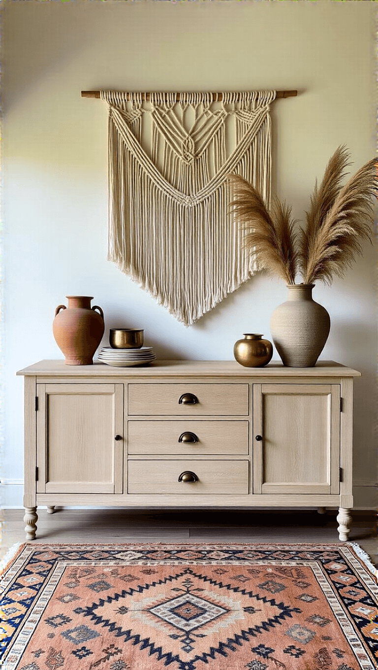 Vintage boho-styled dining room featuring a bleached oak sideboard, large macramé installation, stacked vintage rugs, and an oversized vase with pampas grass and dried palms.