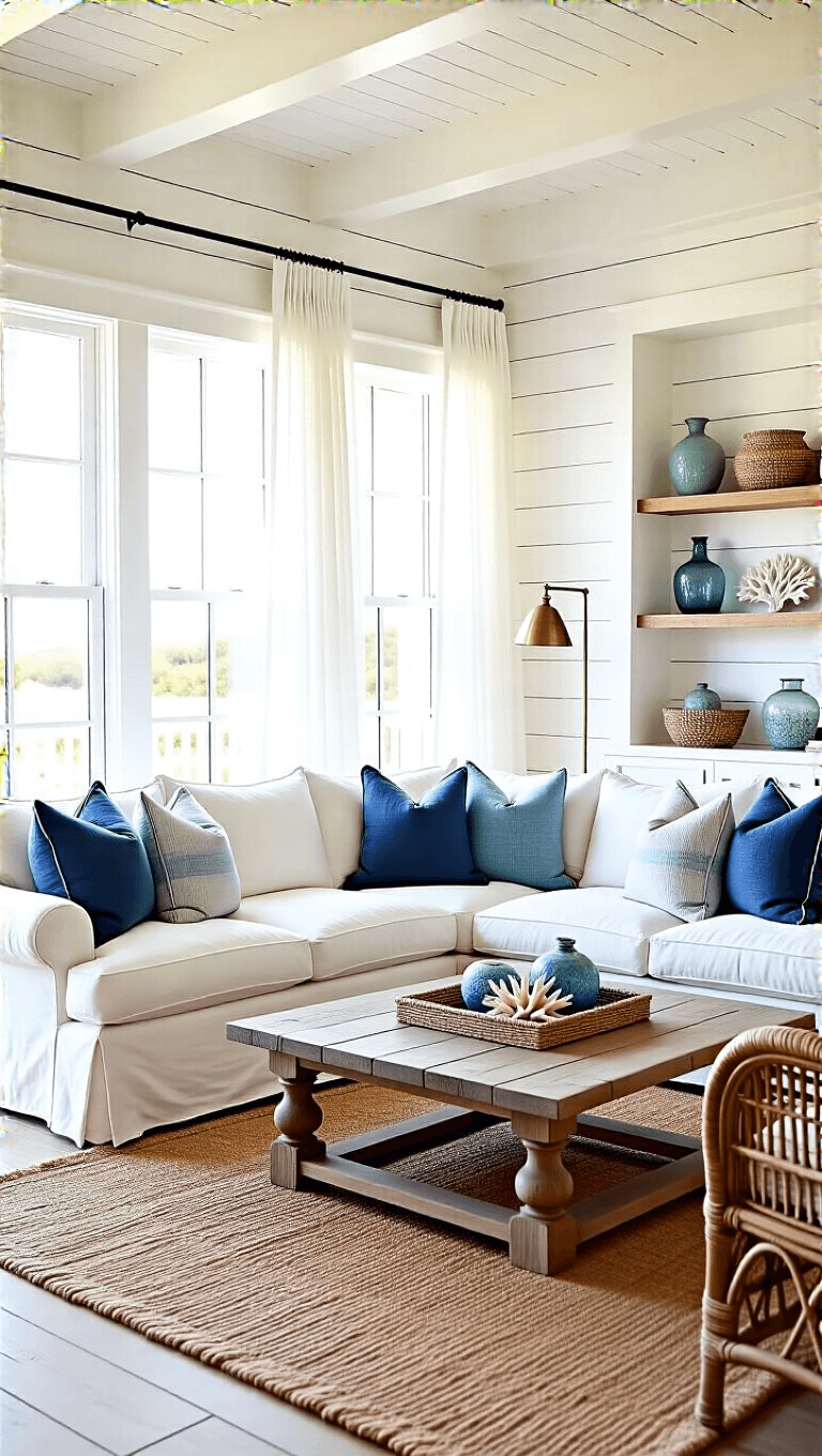 Sunlit coastal living room with high ceilings, expansive windows, white sectional, blue ombre pillows, driftwood coffee table, jute rug, rattan chairs, brass lamp, shiplap wall with sea-themed decor, and soft backlighting for ethereal atmosphere.