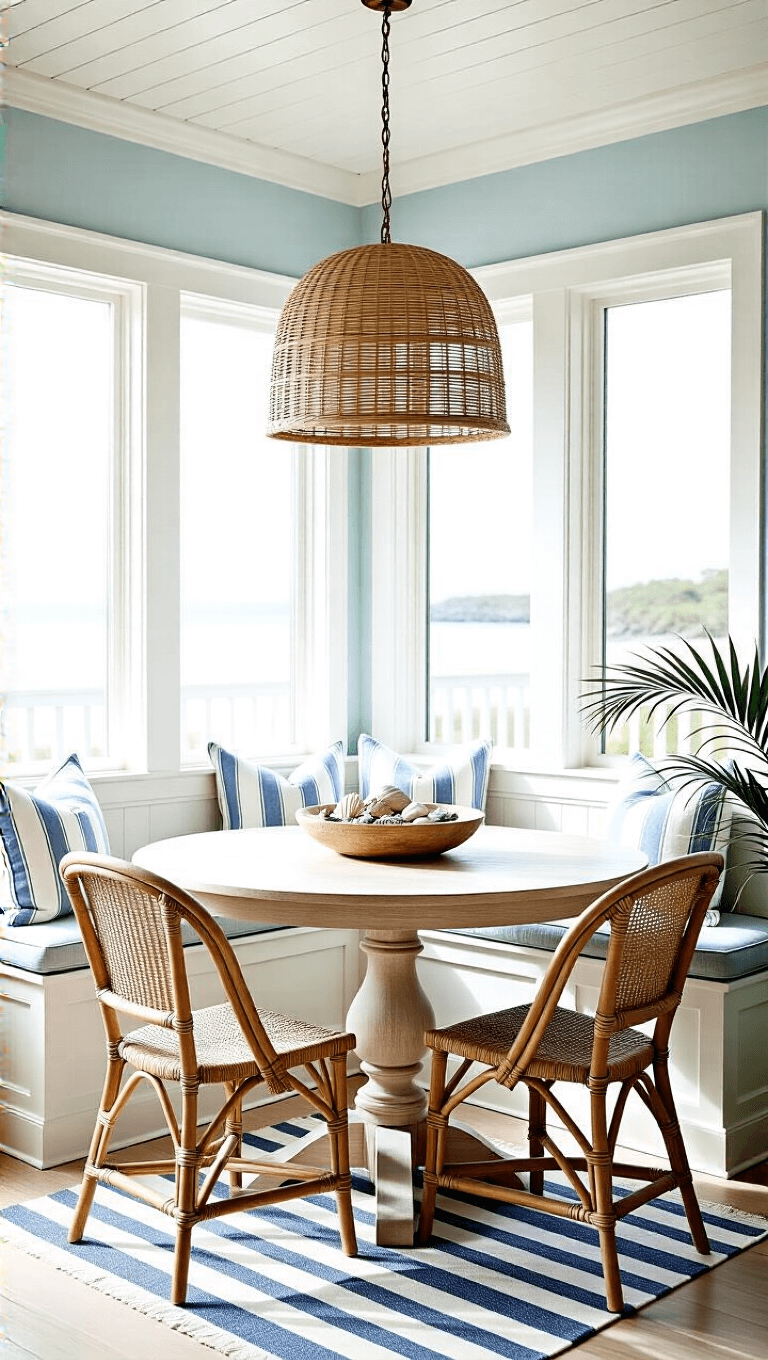 Cozy coastal breakfast nook with white ceiling, gray-blue walls, whitewashed oak table, seagrass chairs, and bay window seating featuring a rattan pendant lamp and a potted palm.
